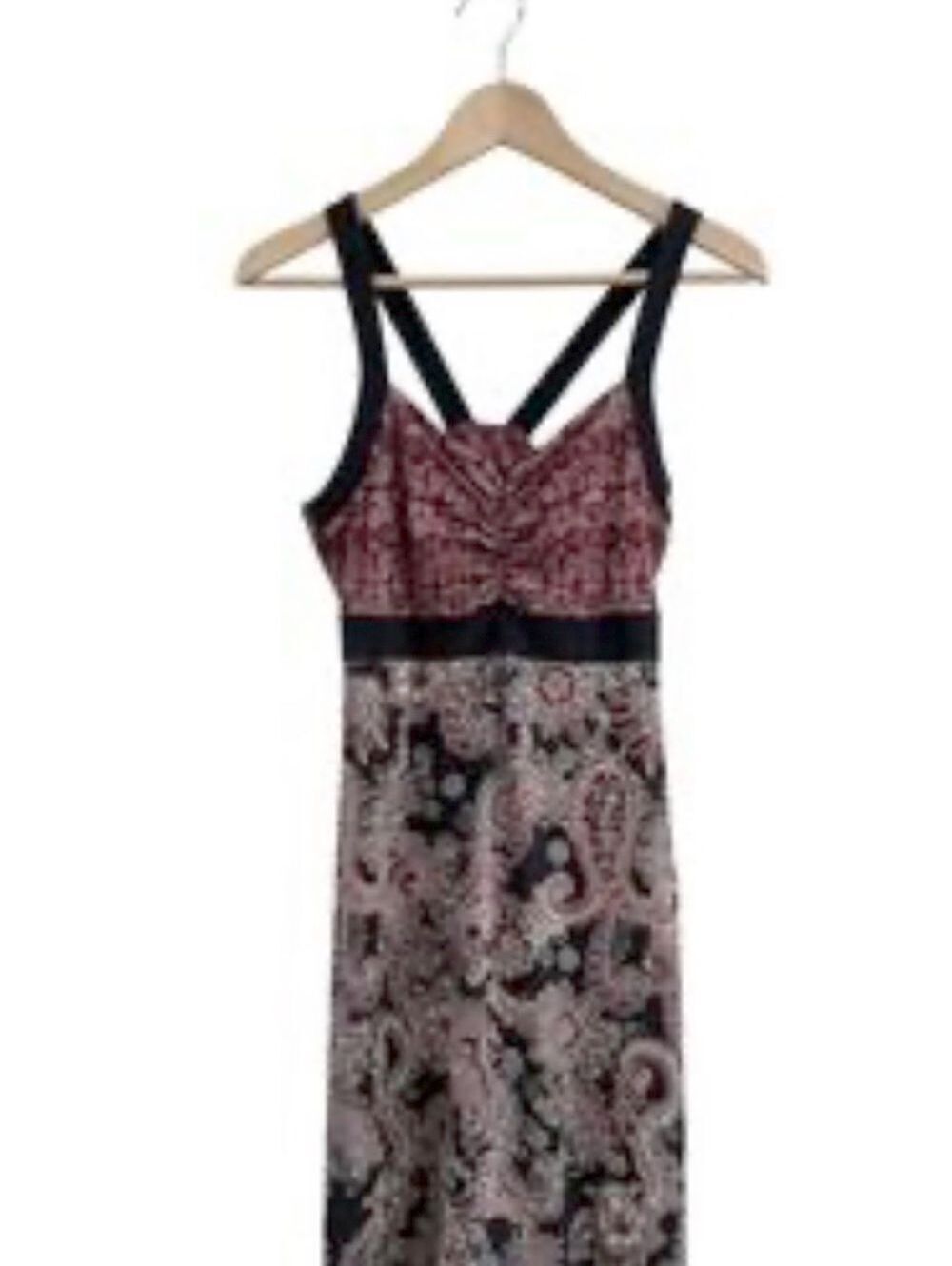 Prana Black and Burgundy Paisley Cross-Back Maxi Dress | Size Large